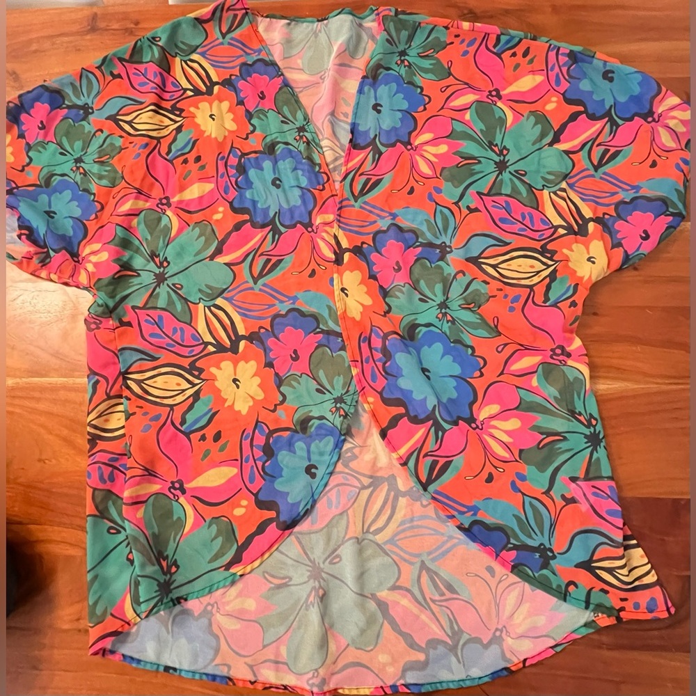 Vibrant Floral Kimono Sheer Open Front Cardigan